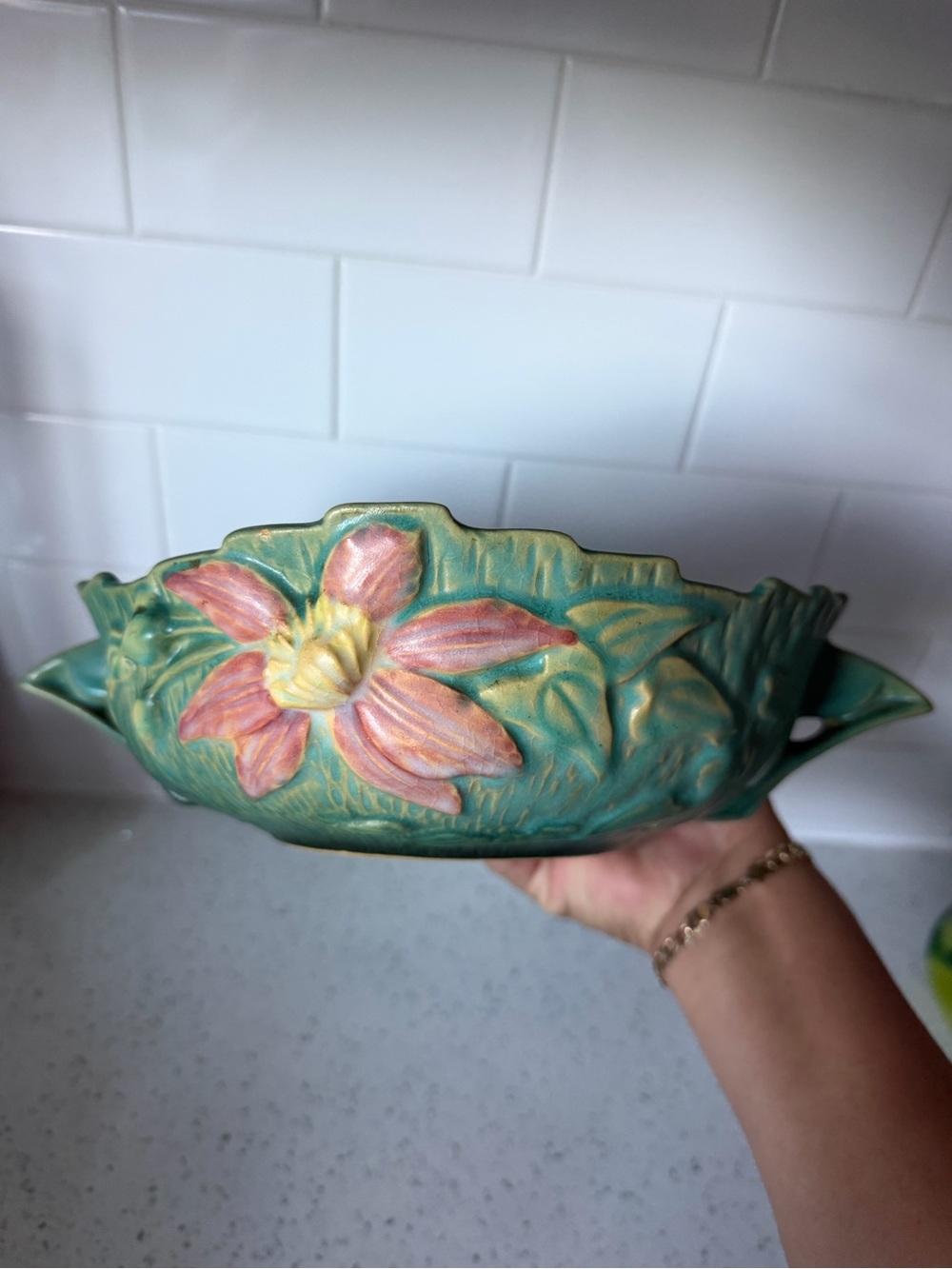 Vintage Green Floral Roseville Ceramic Decorative Bowl - Picture 4 of 5